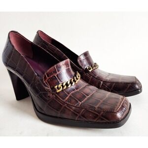 Nine West Pumps Size 7.5 90s Y2K Embossed Block Heel Brown Loafers Gold Chain